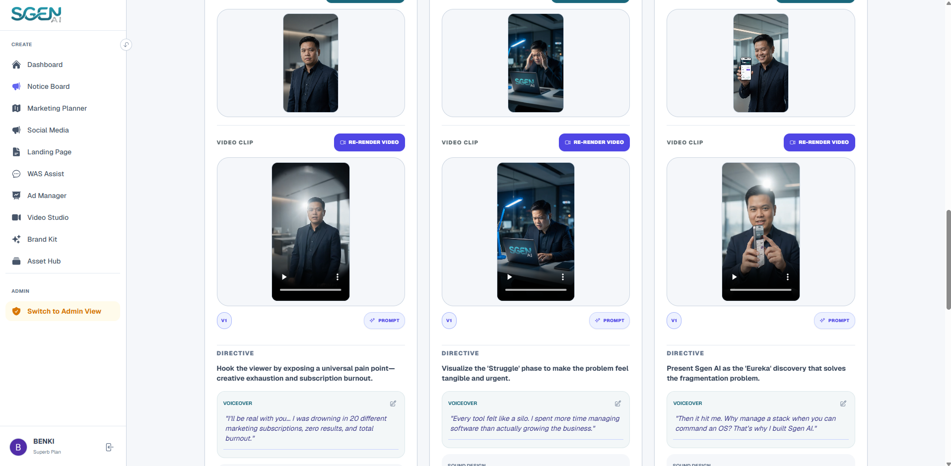 Storyboard Scene Control Cards and Render Video Workflow Console